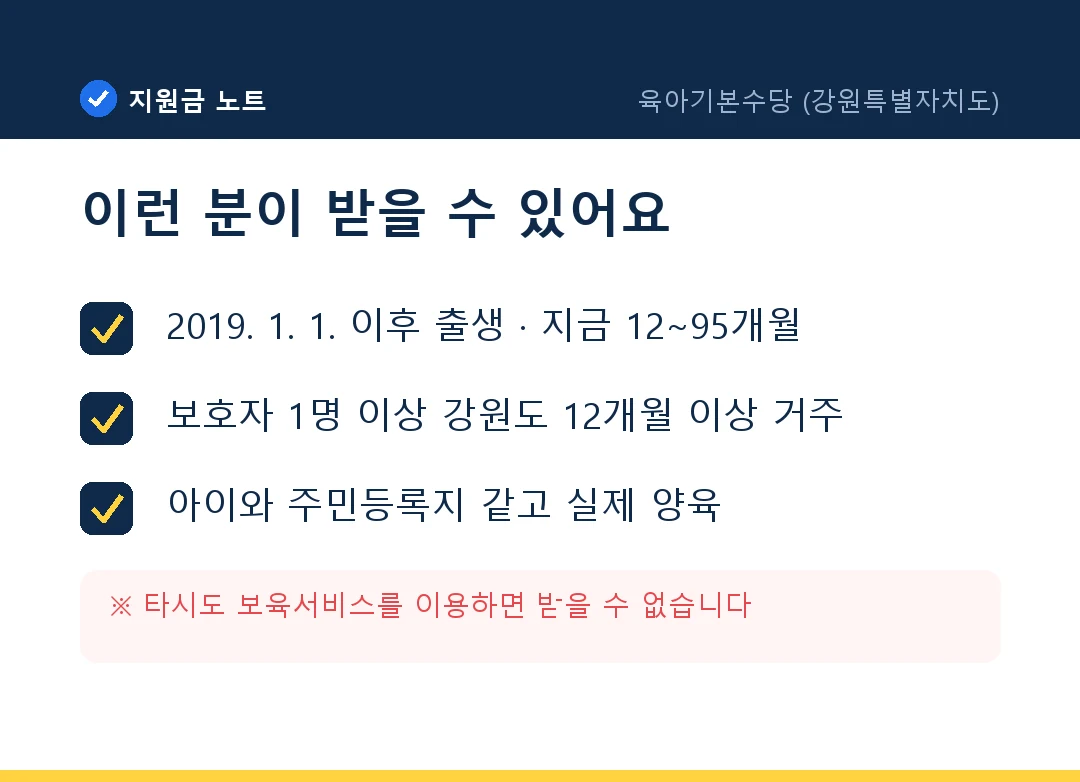 자격 조건: 2019. 1. 1. 이후 출생 · 지금 12~95개월 / 보호자 1명 이상 강원도 12개월 이상 거주 / 아이와 주민등록지 같고 실제 양육